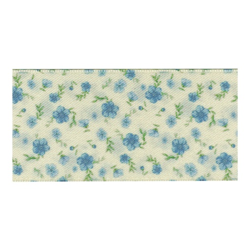 40mm green fabric ribbon with blue flowers (per meter)