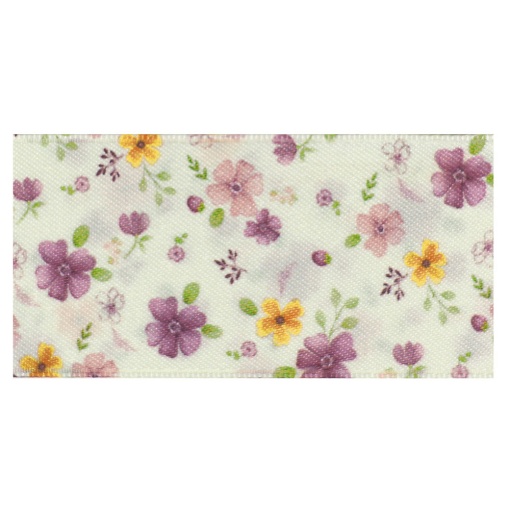 40mm green fabric ribbon with purple flowers (per meter)