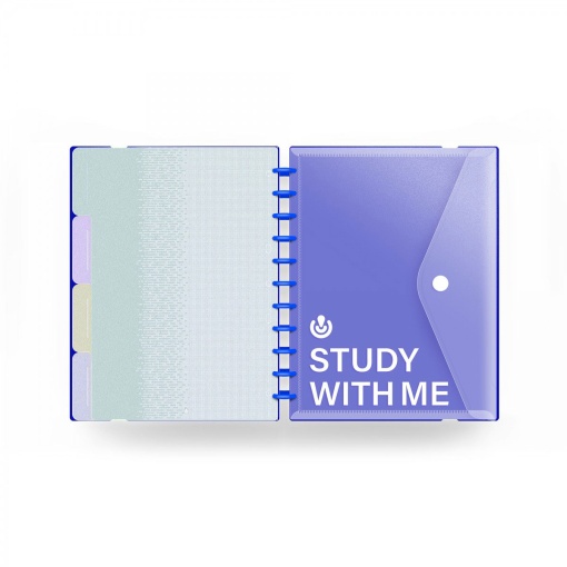 Ingeniox A4 lined notebook, 80 sheets, 100g paper, Study With Me brand, with elastic closure, envelope, and blue dividers.