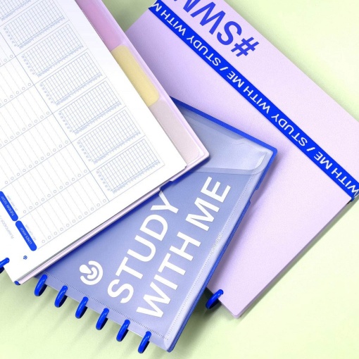 Ingeniox A4 lined notebook, 80 sheets, 100g paper, Study With Me brand, with elastic closure, envelope, and blue dividers.