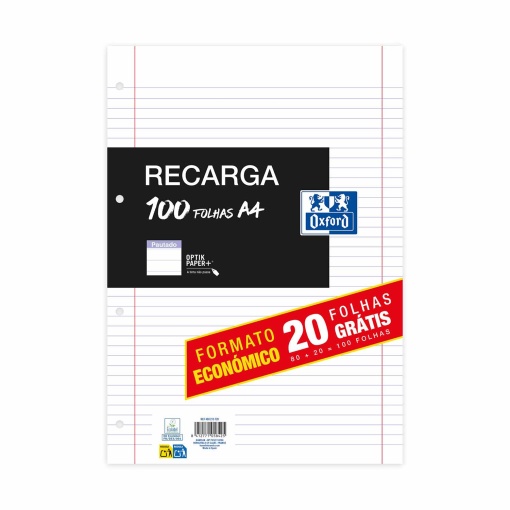 Recarga A4 Oxford Classic pautada pack promo 80+20 folhas grátis 90g