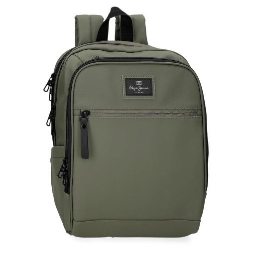Mochila Pepe Jeans Dudley de color verde oscuro para portátil de 13,3" y tableta de 12", adaptable para usarla como carrito.