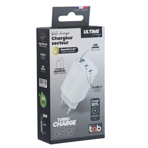 TNB USB Charger, 2 USB-C ports + 1 USB-A port, 65W, white.