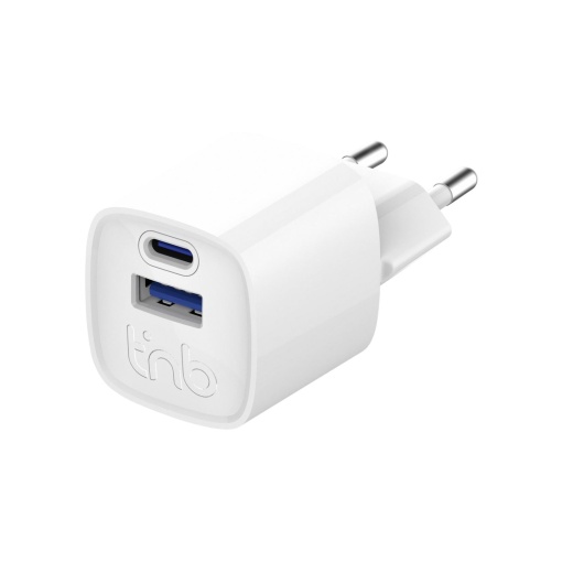 TNB USB Charger, 1 USB-C port + 1 USB-A port, 30W, white.