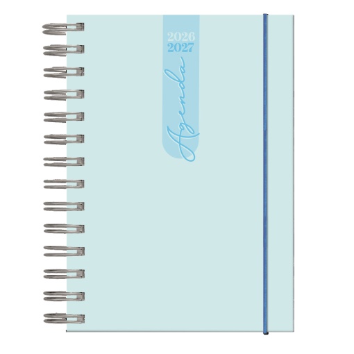 Daily school planner, 120x165mm, 2026/27, 12 months, spiral bound, pastel blue, with elastic closure.