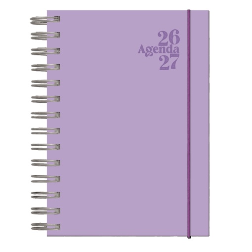 Agenda escolar diária 120x165mm 2026/27 12 meses espiral Papiro lilás com elástico