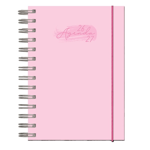 Daily school planner, 120x165mm, 2026/27, 12 months, spiral bound, Papiro pastel pink with elastic closure.