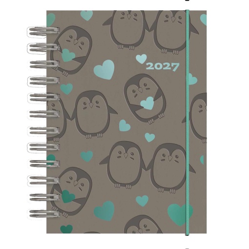 Agenda escolar diária 120x165mm 2026/27 12 meses espiral Papiro Tucson pinguim com elástico