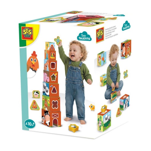 Stackable tower and 2-in-1 shape sorter for farm animals - Ses Creative Tiny Talents