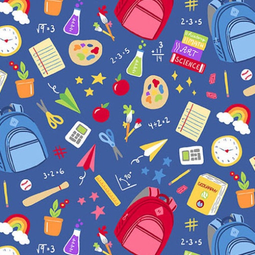 Andover Back to School Fabric School Supplies Royal 1x1.12m 10240/B