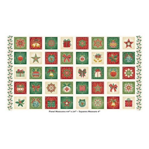 Panel de tela Makower Adorn, Cuadrados color crema, Cuadrados navideños, 61x112cm, 221/1