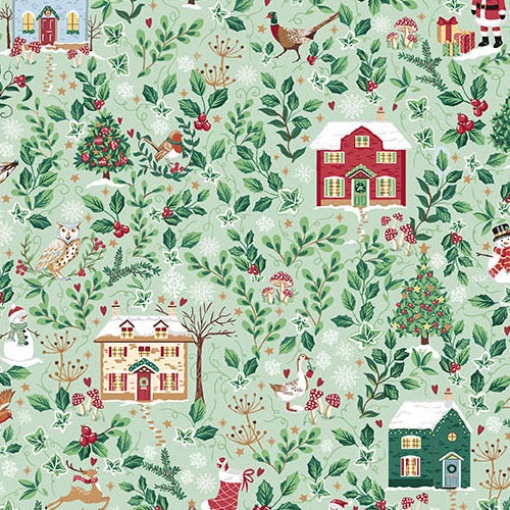 Tela verde con estampado de casitas navideñas campestres de Makower, 1x1,12 m, 240 g/m²
