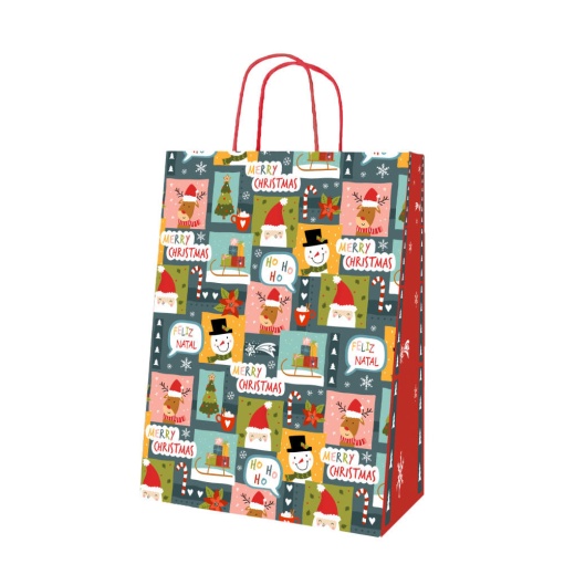 Saco de papel asa torcida natal Feliz Natal colorido 32x14x40cm