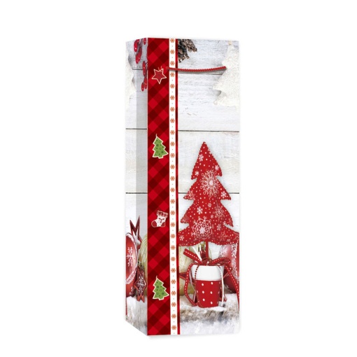 Saco de papel asa cordão para 1 garrafa 210g natal pinheiro vermelho 12x9x36cm