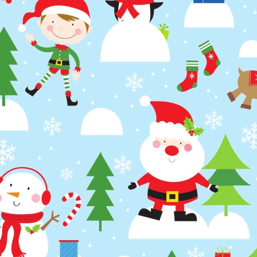 Christmas wrapping paper Jol 70x100cm Santa Claus and friends in the snow blue