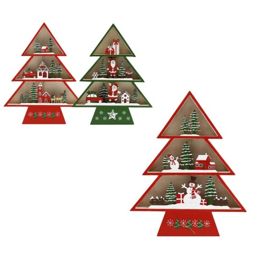 Wooden Christmas tree with lights, 19.5x24cm, assorted.