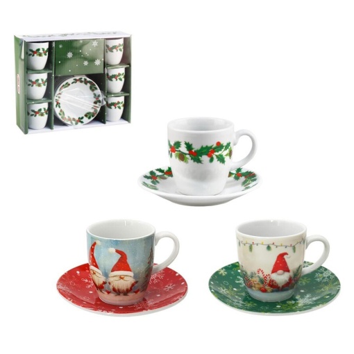 Set of 6 coffee cups with saucers, assorted Christmas design.