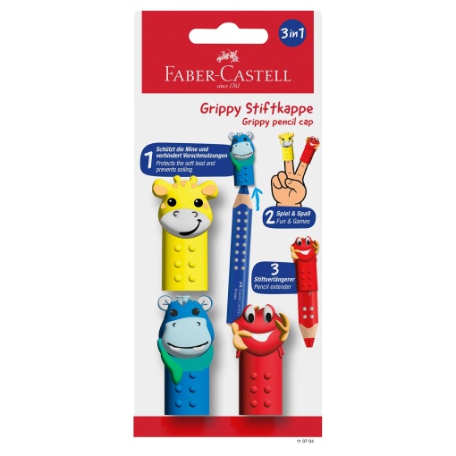 Faber-Castell Grippy colored pencil protectors featuring giraffe, crab, and hippopotamus (3 units)