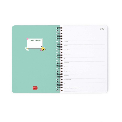 Agenda semanal A5 2027 espiral Legami Bee "Tiny Wings Big Dream" com elástico
