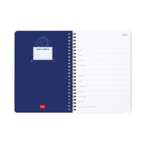 Agenda semanal A5 2027 espiral Legami Celestial "Make a Wish Make It Happen" com elástico