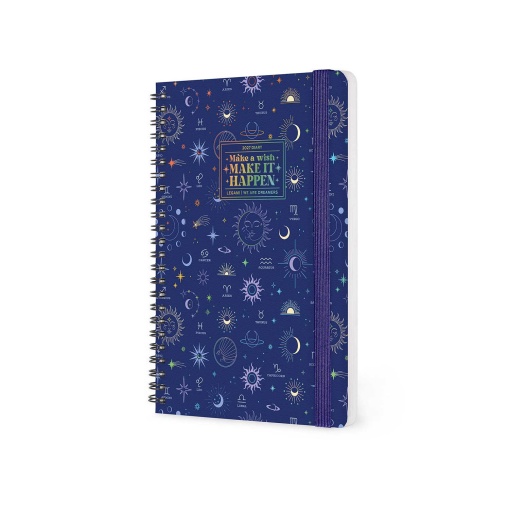 Agenda semanal A5 2027 espiral Legami Celestial "Make a Wish Make It Happen" com elástico