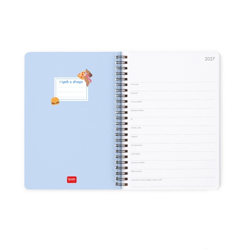 Agenda semanal A5 2027 espiral Legami Dachshund "Paws Up for Pizza" com elástico