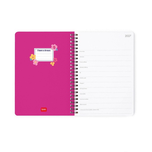 Agenda semanal A5 2027 espiral Legami Flowers "La Vie Est Belle" com elástico