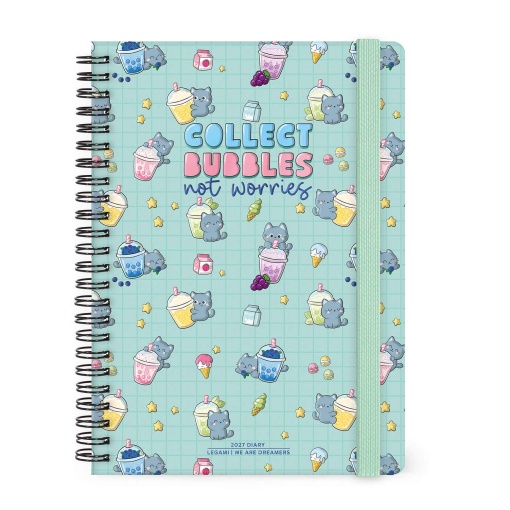 Agenda semanal A5 2027 espiral Legami Kitty Bubble Tea "Collect Bubbles Not Worries" com elástico