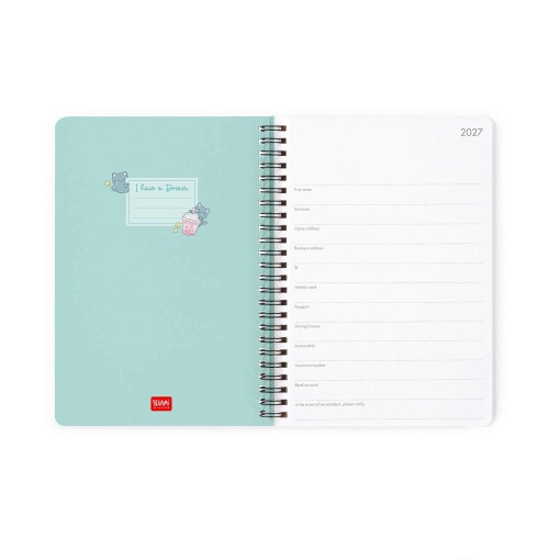 Agenda semanal A5 2027 espiral Legami Kitty Bubble Tea "Collect Bubbles Not Worries" com elástico