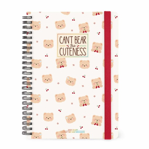 Agenda semanal A5 2027 espiral Legami Teddy Bear Cherry White "Can't Bear This Cuteness" com elástico