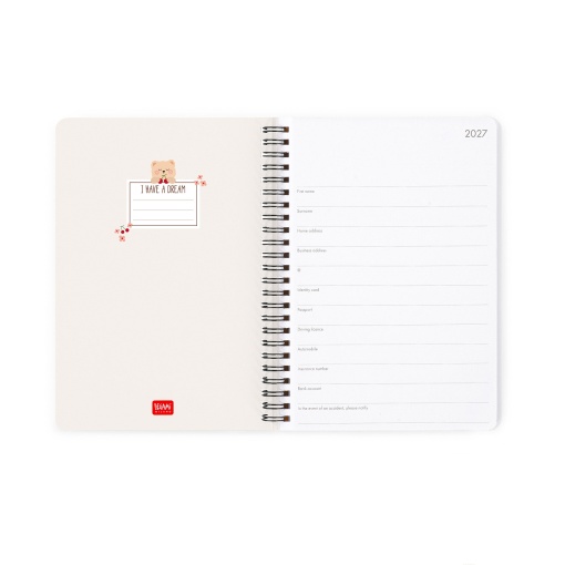 Agenda semanal A5 2027 espiral Legami Teddy Bear Cherry White "Can't Bear This Cuteness" com elástico