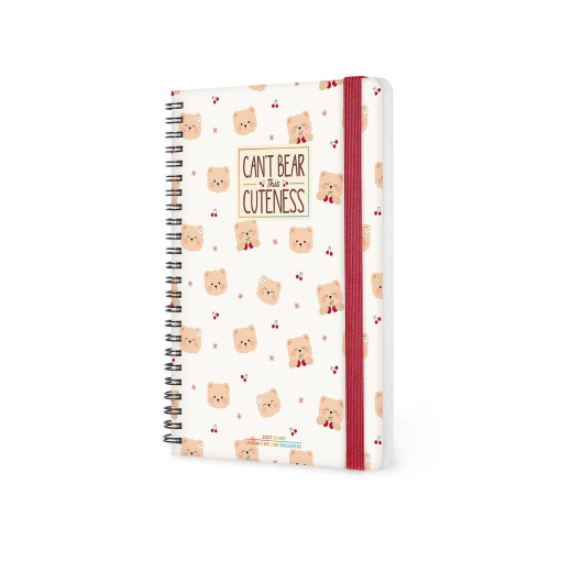Agenda semanal A5 2027 espiral Legami Teddy Bear Cherry White "Can't Bear This Cuteness" com elástico