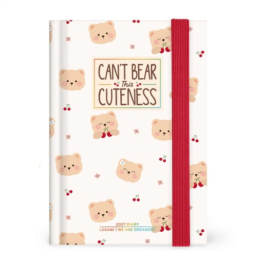 Agenda diária A6 2027 Legami Teddy Bear Cherry White "Can't Bear This Cuteness" com elástico