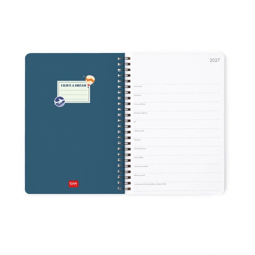 Agenda semanal A5 2027 espiral Legami Travel Stickers "Every Journey Tells a Story" com elástico