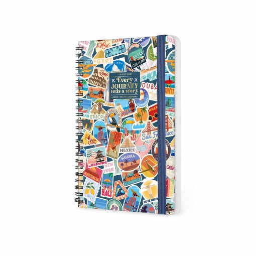 Agenda semanal A5 2027 espiral Legami Travel Stickers "Every Journey Tells a Story" com elástico