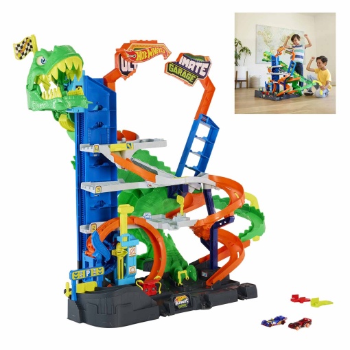 Hot Wheels City pista supergaragem com T-Rex Mattel JHL98