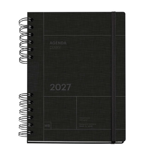 A5 2027 weekly planner, spiral bound, Miquelrius Plus Back to Basics, black.