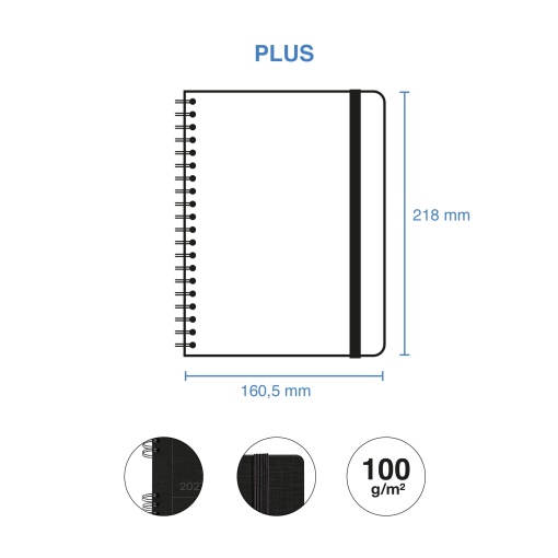 A5 2027 weekly planner, spiral bound, Miquelrius Plus Back to Basics, black.