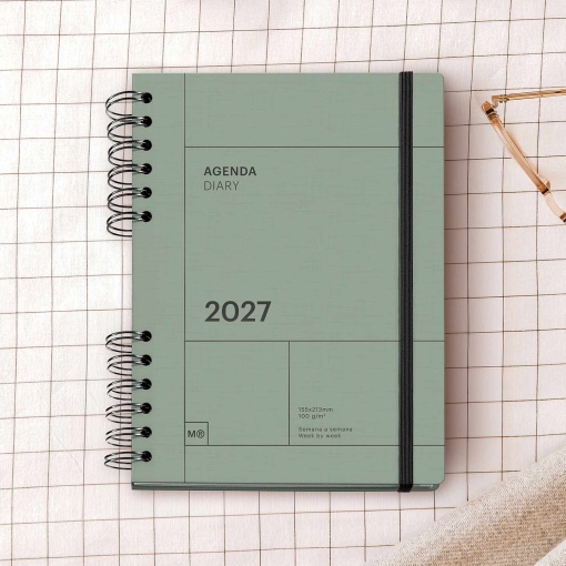Weekly planner A5 2027 spiral bound Miquelrius Plus Back to Basics green