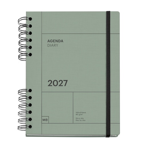 A5 2027 spiral-bound daily planner, Miquelrius Plus Back to Basics, green.