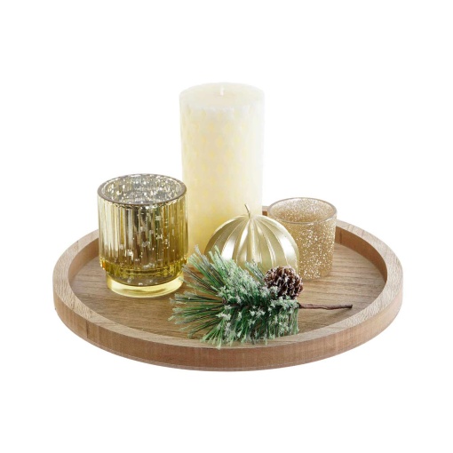Gold candle and accessory set with wooden tray.