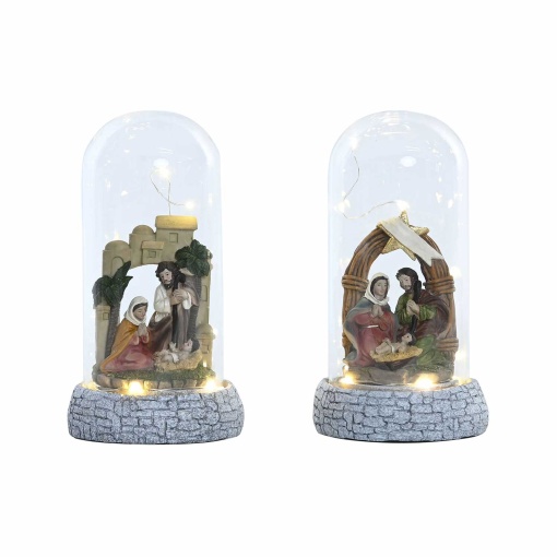 Holy Family in bell-shaped display case with LED. Item 10x10x21cm, assorted.