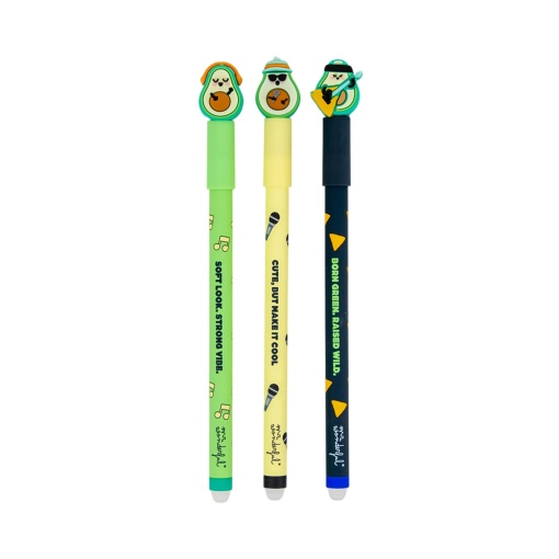 Set of 3 erasable ballpoint pens Mr. Wonderful Bo-Bo avocado band "The Guaca-Moles"