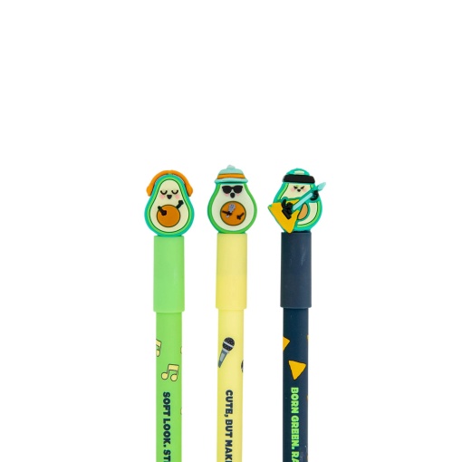 Set of 3 erasable ballpoint pens Mr. Wonderful Bo-Bo avocado band "The Guaca-Moles"