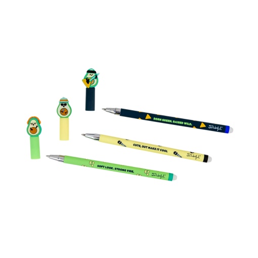 Set of 3 erasable ballpoint pens Mr. Wonderful Bo-Bo avocado band "The Guaca-Moles"