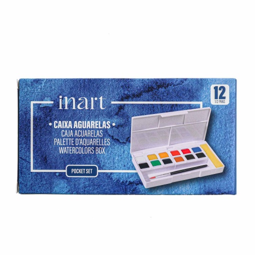 Aguarelas em pastilha com pincel e paleta Inart com 12 cores