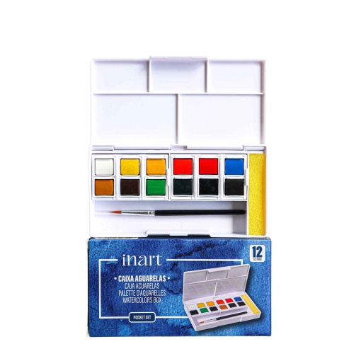 Aguarelas em pastilha com pincel e paleta Inart com 12 cores