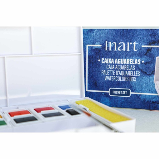 Aguarelas em pastilha com pincel e paleta Inart com 12 cores