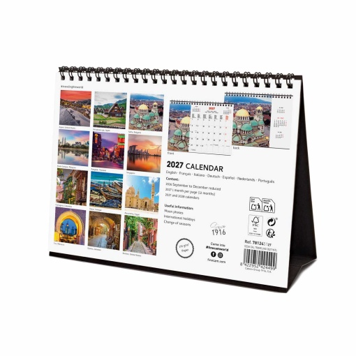 Calendario de escritorio Finocam 2027, 21x15cm, para viajes.