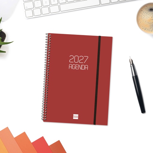 A5 2027 weekly planner, spiral bound, Finocam Beta, red.